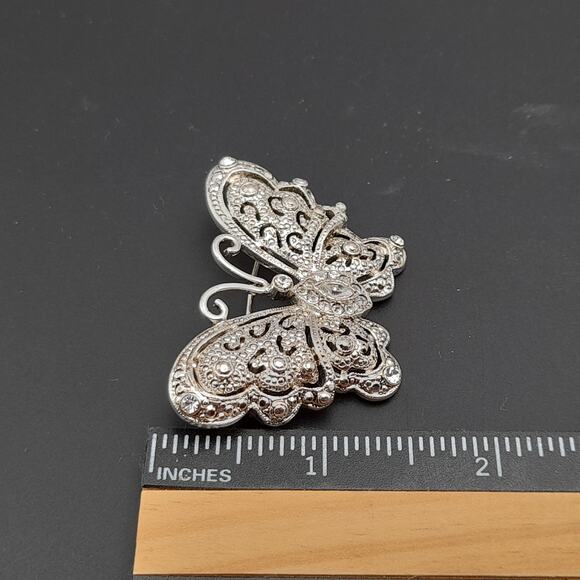 Vintage Silver Tone Clear Rhinestone Butterfly Brooch Pin - 2 1/8 Inches - Picture 10 of 10